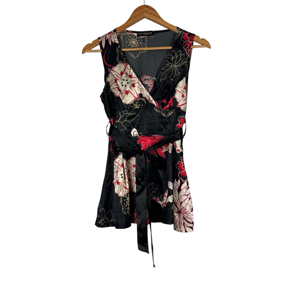 Immagina Paris V-Neck Side Zip Floral Waist Belt Top Sleeveless Blouse Size S